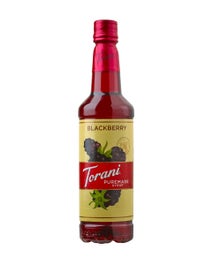 Torani Puremade Blackberry Syrup in a red-capped bottle with illustrated blackberries on the label