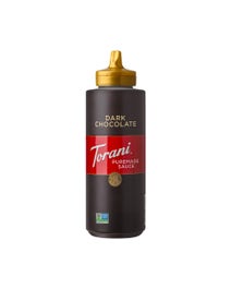 Torani Puremade Dark Chocolate Sauce in a squeezable bottle with gold flip cap
