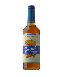 Torani Puremade Zero Sugar Pumpkin Spice Syrup in a glass bottle with pumpkin, cinnamon, and vanilla bean illustrations
