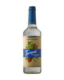 Torani Puremade Zero Sugar Sweetener in clear glass bottle with blue label and mint leaf illustration