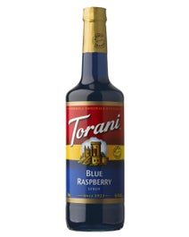 Torani Blue Raspberry Syrup in a dark blue bottle with red, yellow, and blue label.