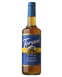 Torani Sugar Free Classic Caramel Syrup in a golden glass bottle with blue and yellow label