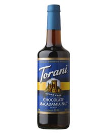 Torani Sugar Free Chocolate Macadamia Nut Syrup in a rich amber bottle with blue label and nut imagery
