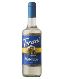 Torani Sugar Free Vanilla Syrup in a clear glass bottle with light syrup and blue label