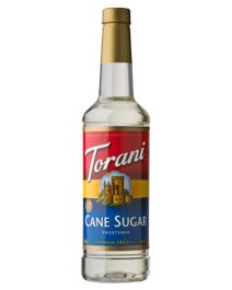 Torani Cane Sugar Sweetener in a clear bottle with red, yellow, and blue label