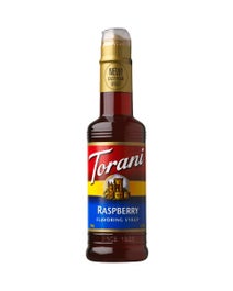 Torani Raspberry Flavoring Syrup 375ml bottle with deep red syrup and vintage label